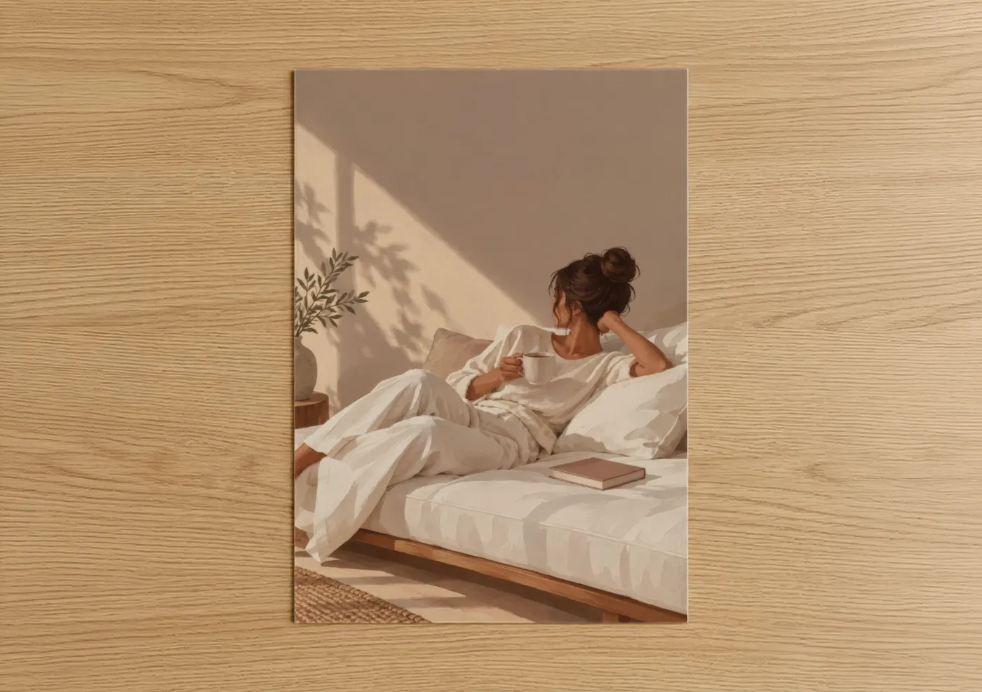 Art print on warm oak wood — beige and cream palette — Serene Morning Reading Moment Wall Art poster