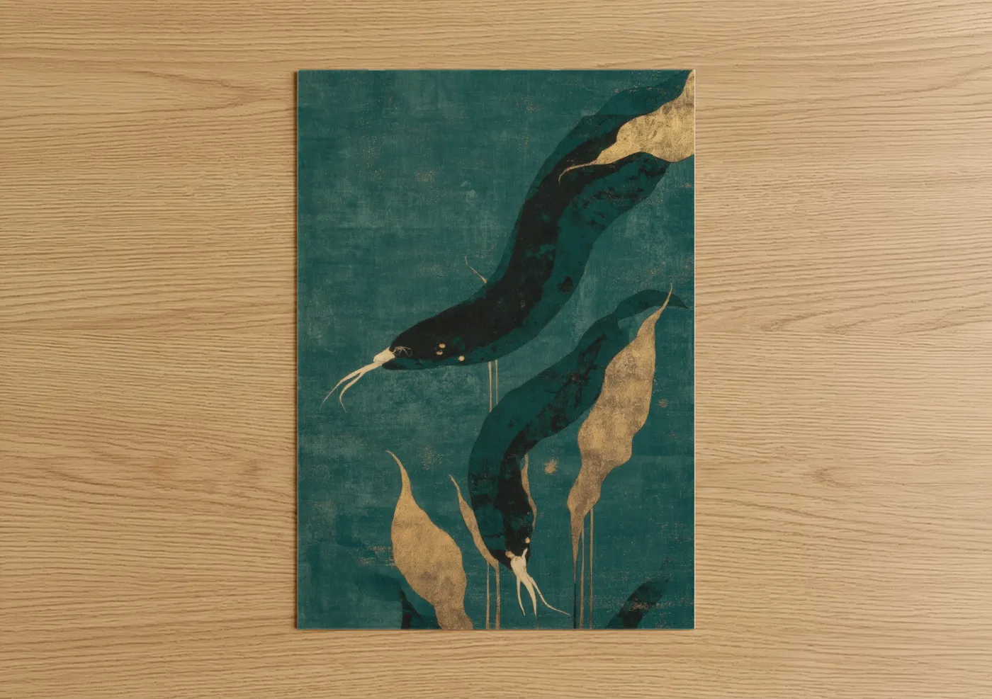 Art print on warm oak wood — teal and gold palette — Golden Eels poster