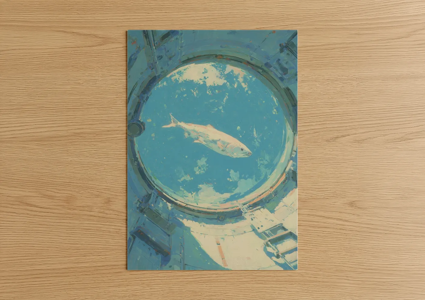 Art print on warm oak wood — blue and cream palette — Porthole Snook poster