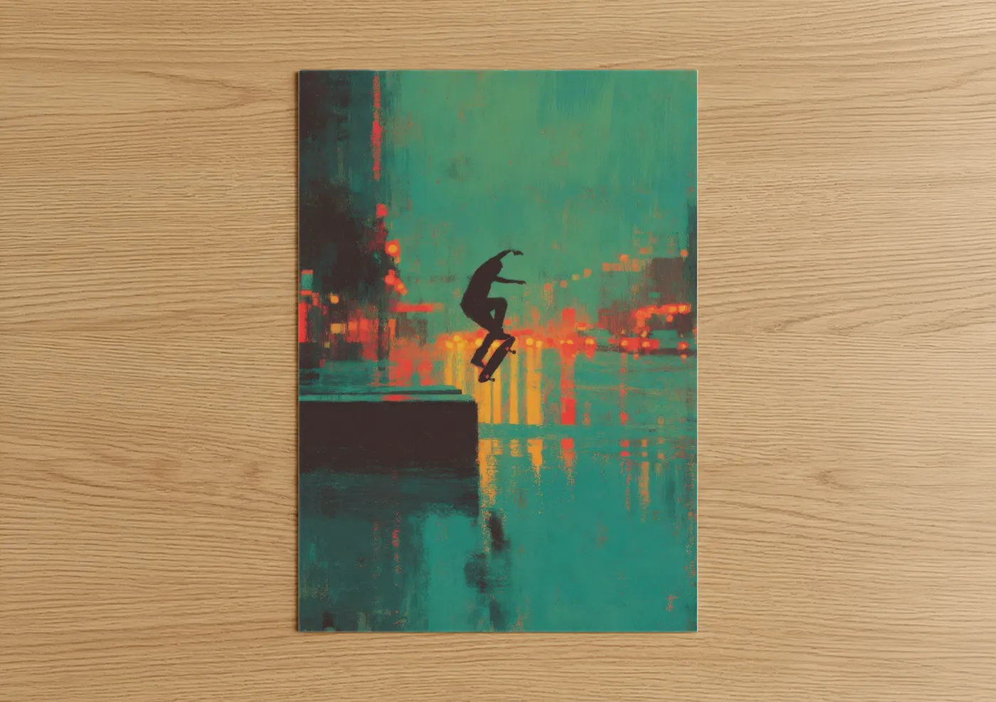 Skateboarding art print on warm oak wood — teal and orange palette — Urban Skateboarder poster