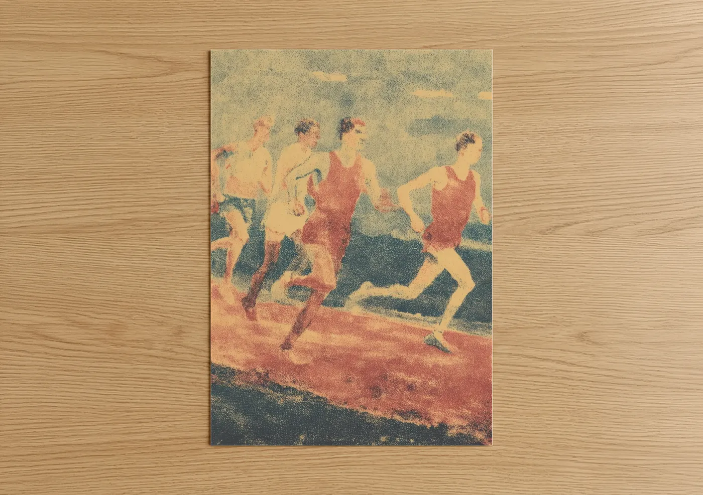 Track and field art print on warm oak wood — gold palette — Vintage Track Athletes poster