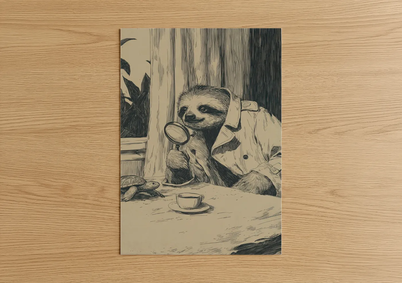 Detective Sloth Vintage Line Art Wall Art