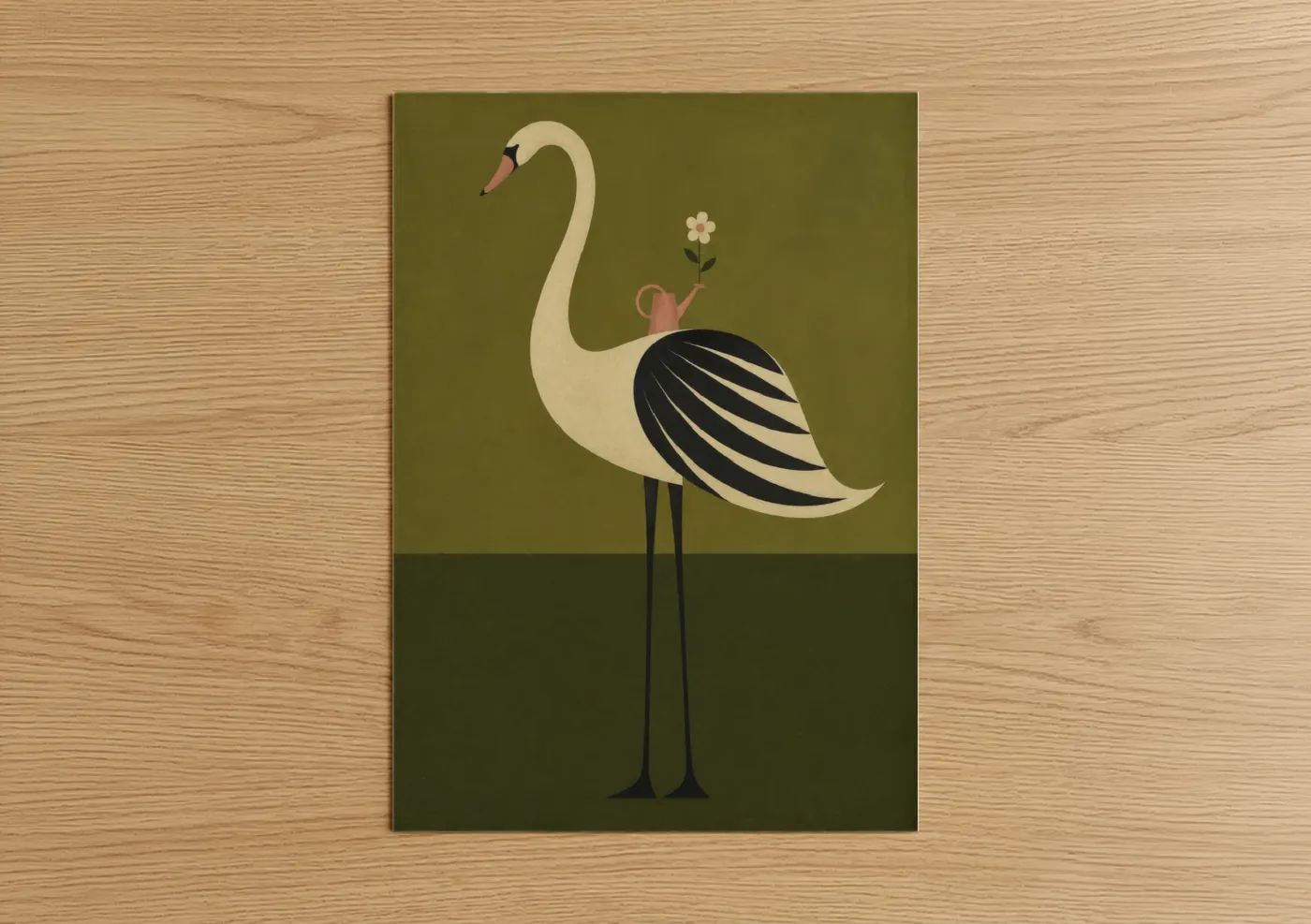 Art print on warm oak wood — olive and peach palette — Geometric Swan With Flower Wall Art poster