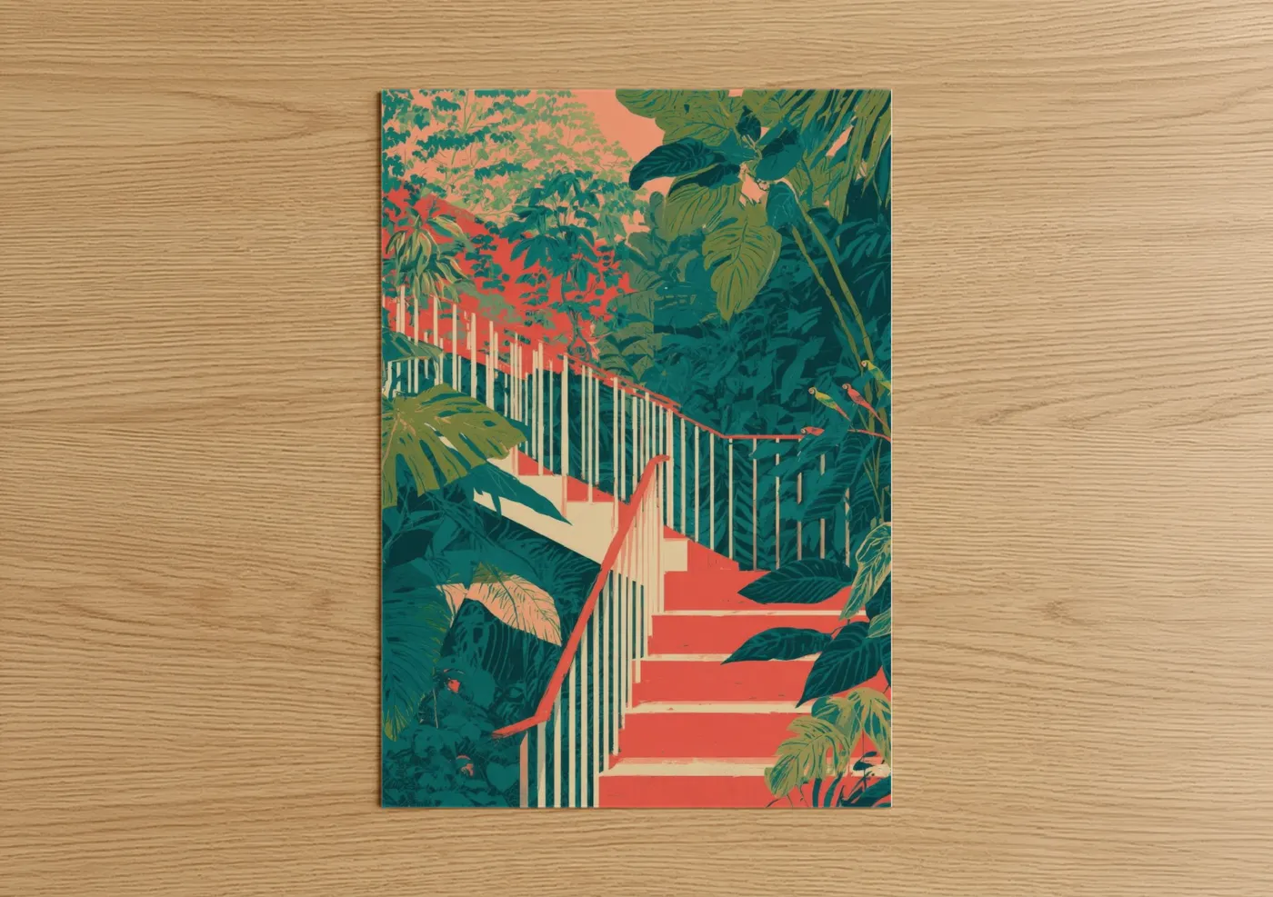 Art print on warm oak wood — teal and salmon pink palette — Jungle Staircase poster
