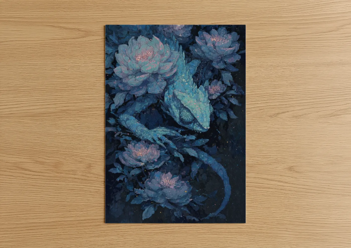 Art print on warm oak wood — blue and salmon pink palette — Lotus Chameleon poster