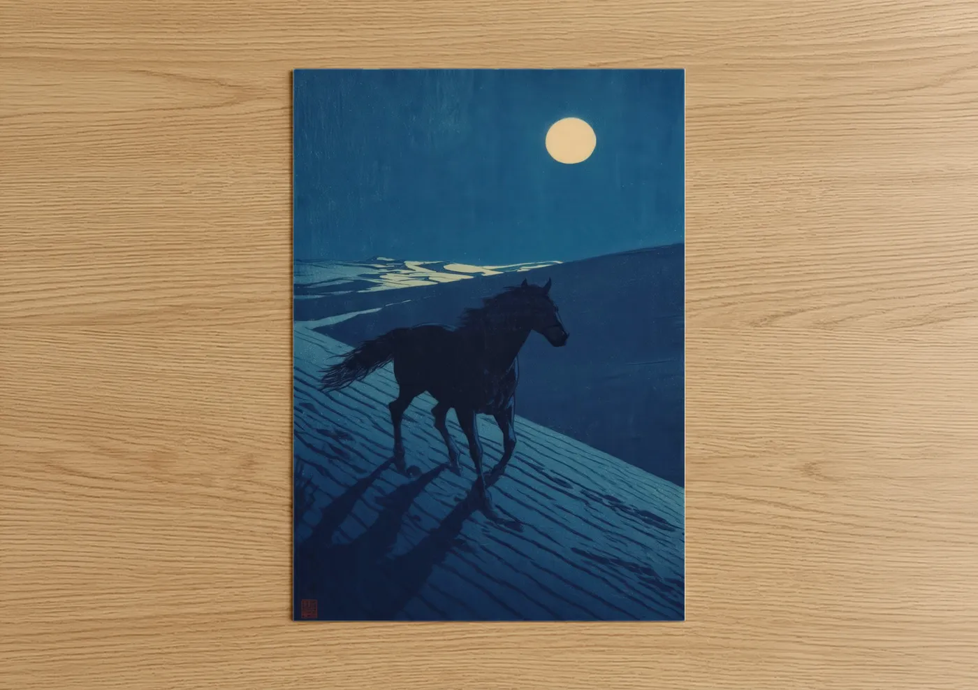 Arabian horse art print on warm oak wood — blue and cream palette — Moonlit Arabian poster