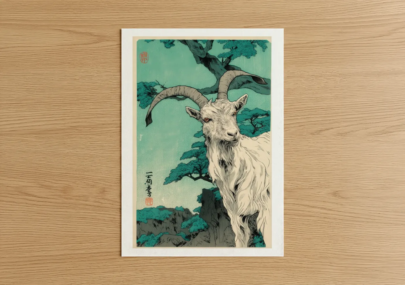 Alpine Goat Japanese Woodblock Wall Art