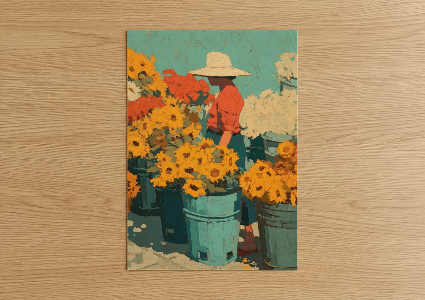 Summer art print on warm oak wood — gold and teal palette — Sunflower Gardener poster