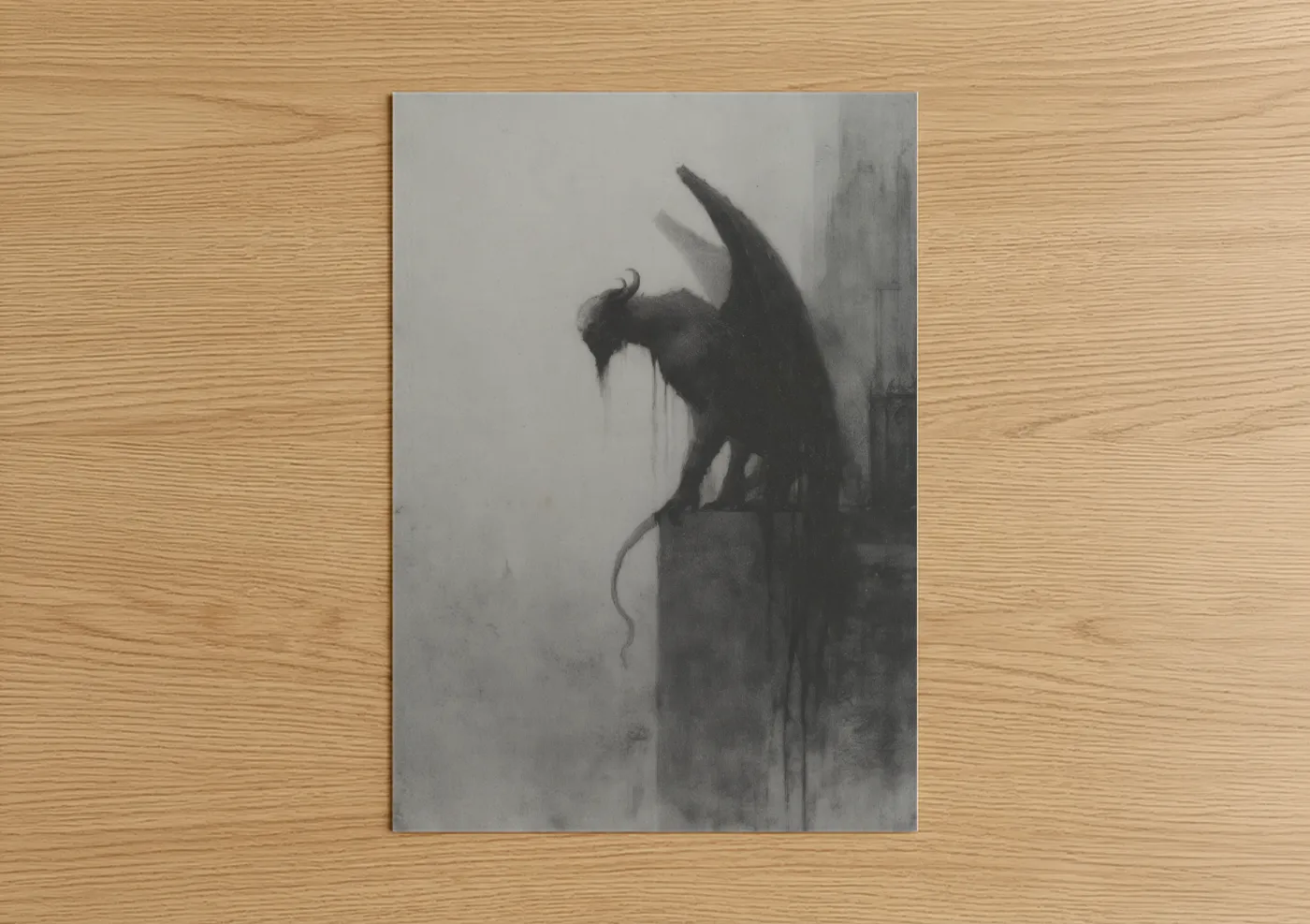 Art print on warm oak wood — black and white and gray palette — Gargoyle Chimera poster