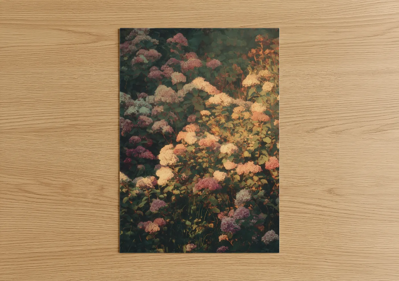 Art print on warm oak wood — gold and pink palette — Autumn Hydrangea Garden poster