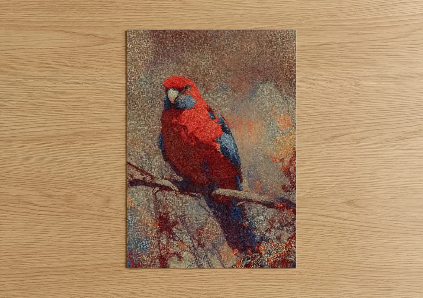 Safari parrots art print on warm oak wood — red and blue palette — Crimson Macaw Portrait poster
