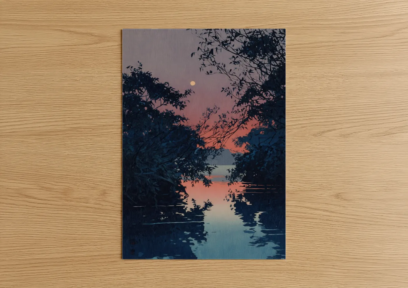 Art print on warm oak wood — blue and orange palette — Moonlit Mangrove poster