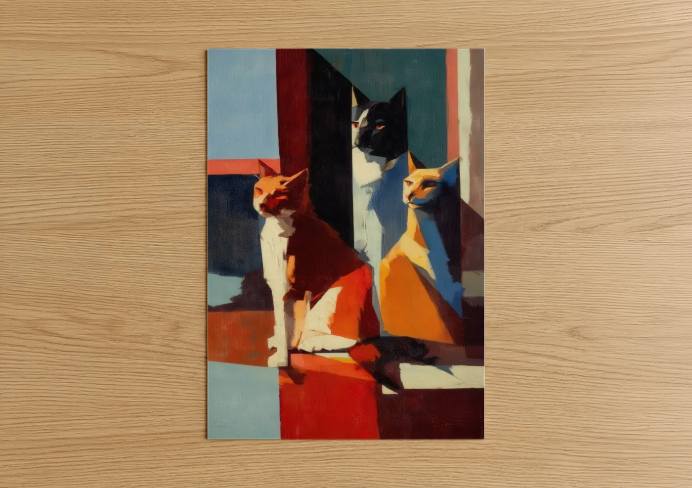 Cat art print on warm oak wood — orange and blue palette — Sunlit Trio poster