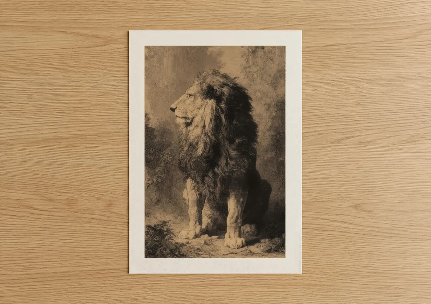 Art print on warm oak wood — black and white and nobel palette — Majestic Lion Profile poster