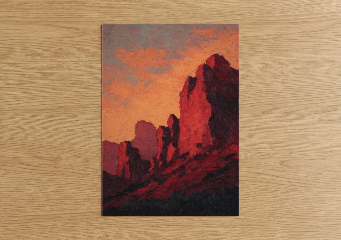 Art print on warm oak wood — orange and red palette — Crimson Dune Sunset poster