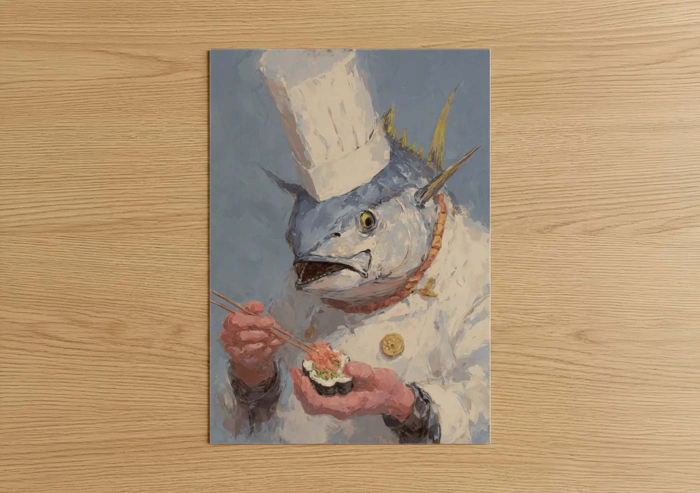 Art print on warm oak wood — cream and dove gray palette — Chef Tuna poster