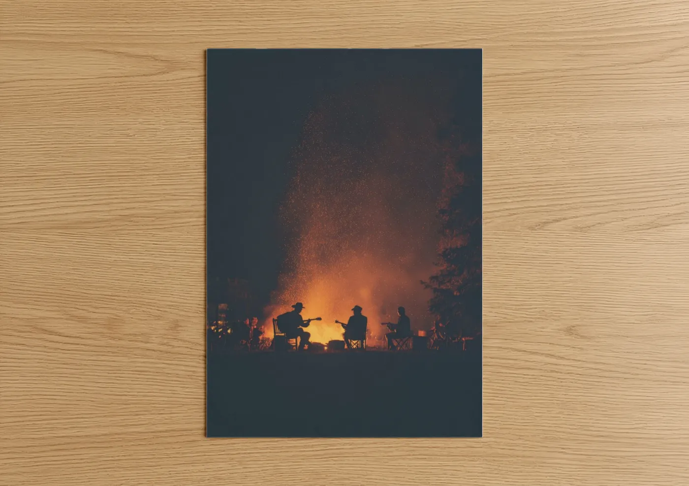 Art print on warm oak wood — orange and black palette — Campfire Country poster