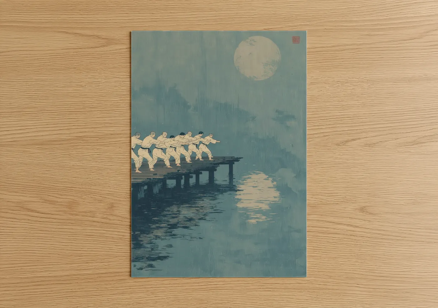 Art print on warm oak wood — blue and white and gray palette — Moonlit Karate poster