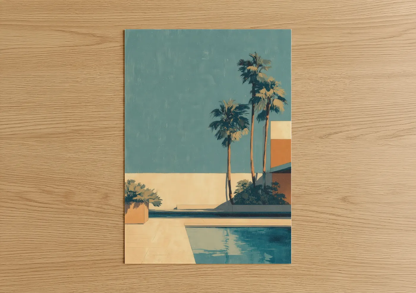 Tropical trees art print on warm oak wood — turquoise and gold palette — Poolside Palms poster