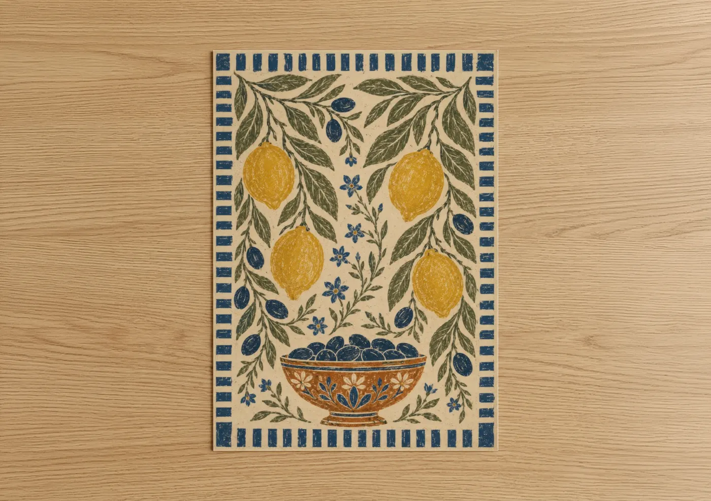 Fruit trees art print on warm oak wood — yellow and blue palette — Mediterranean Lemon Grove Wall Art poster