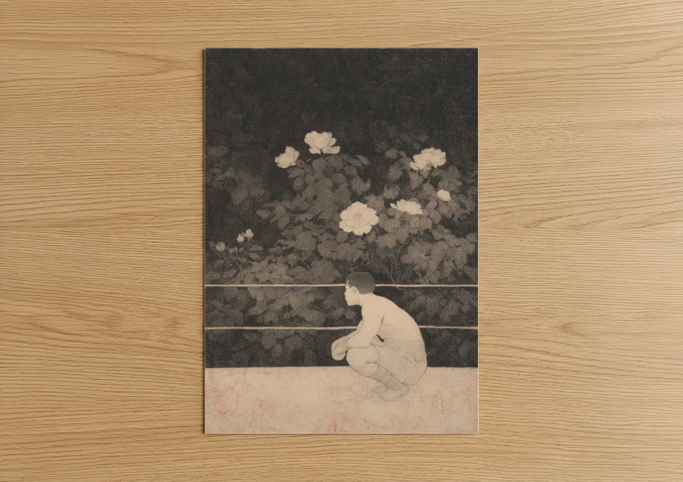 Kick boxing art print on warm oak wood — black and white and peach palette — Contemplative Moment poster