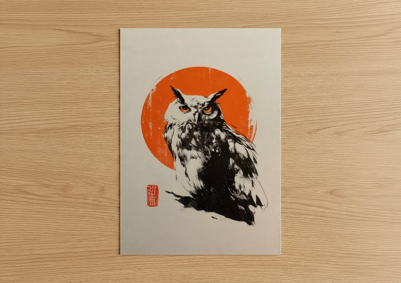 Amber Owl Japanese Art Print Wall Art