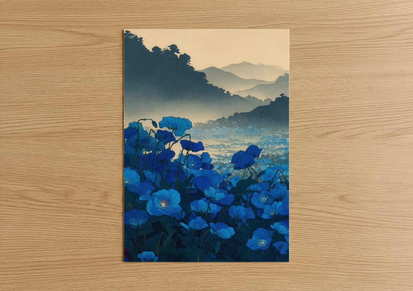 Blue Poppies Mountain Landscape Wall Art