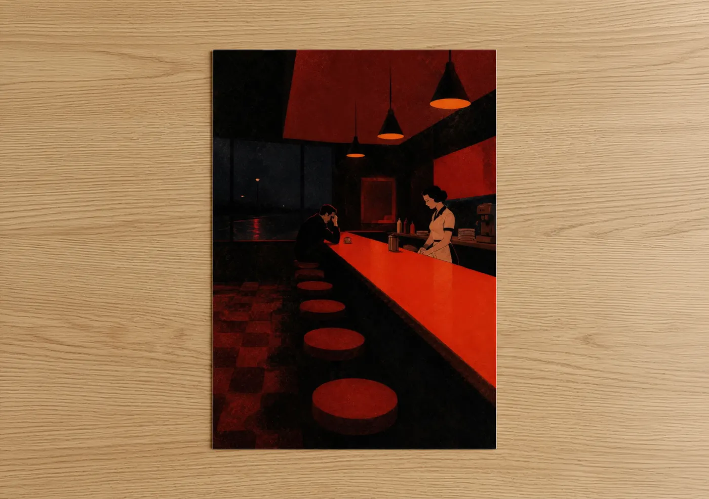 Art print on warm oak wood — red and black palette — Vintage Bar Interior Wall Art poster