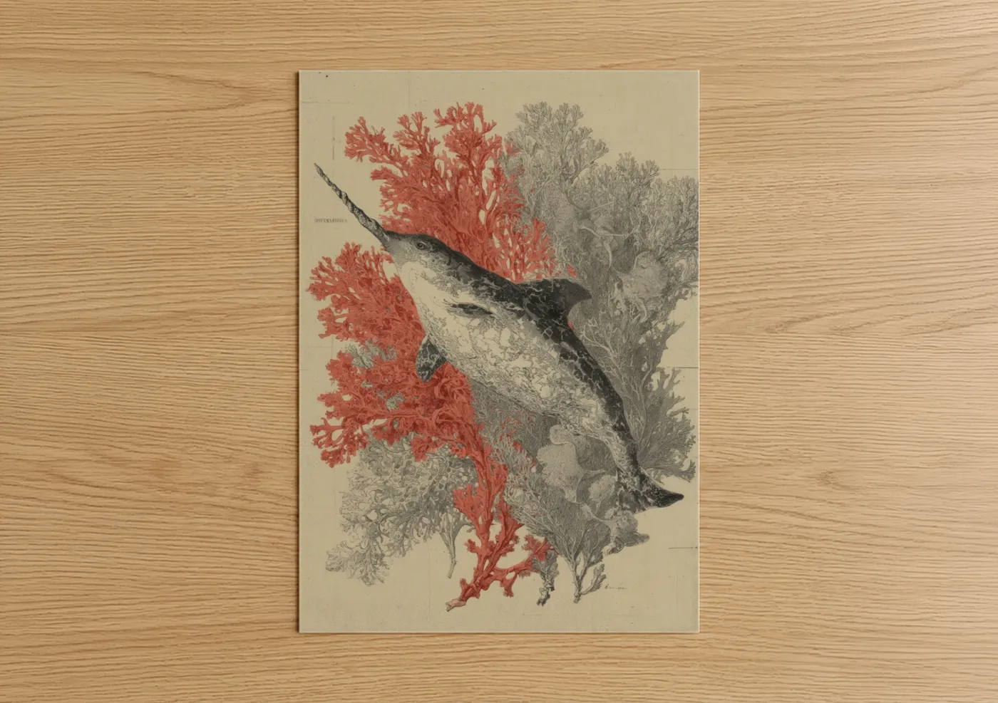 Coral Narwhal Marine Illustration Wall Art