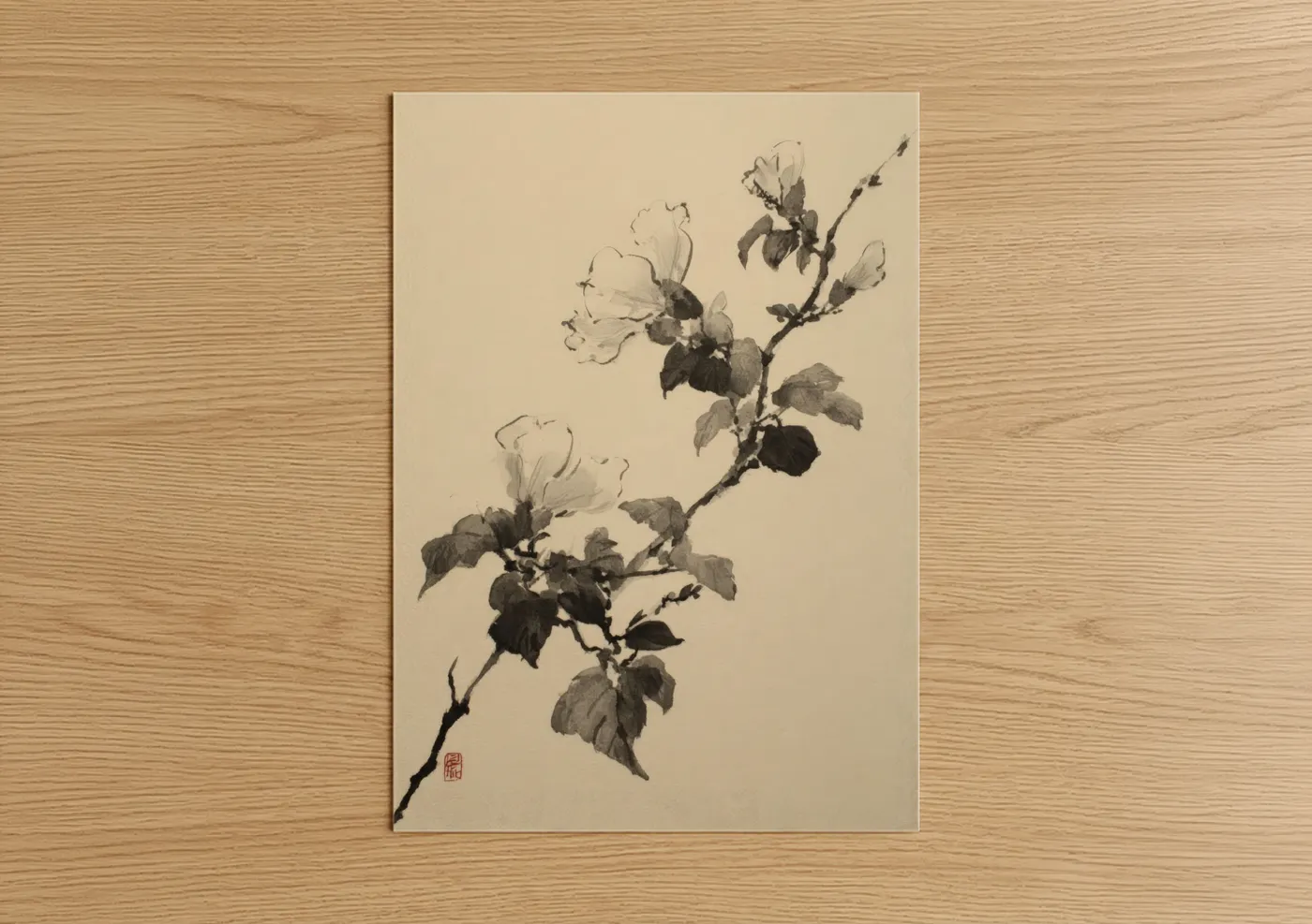 Delicate Hibiscus Branch Ink Painting Wall Art
