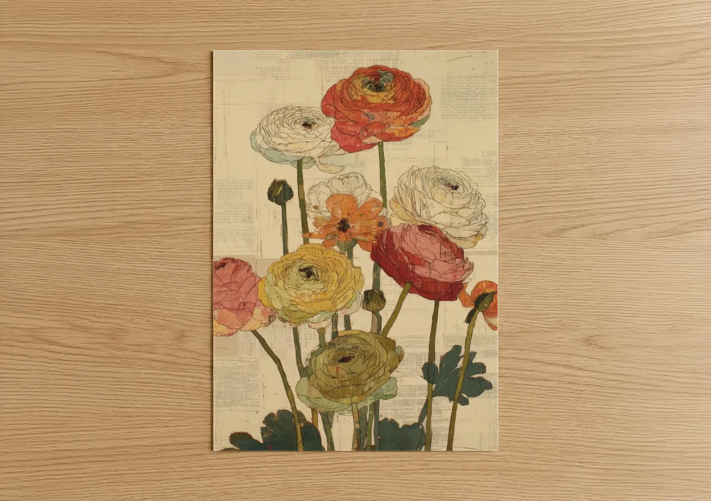 Art print on warm oak wood — gold and cream palette — Botanical Ranunculus poster