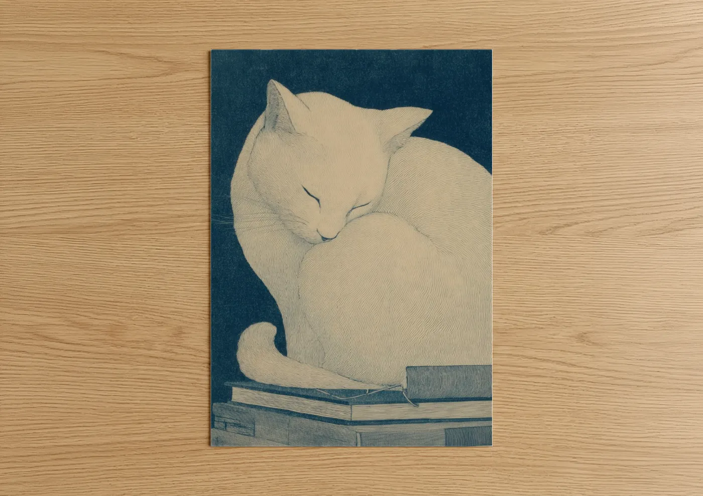 Sleeping Cat Reading Book Illustration Wall Art