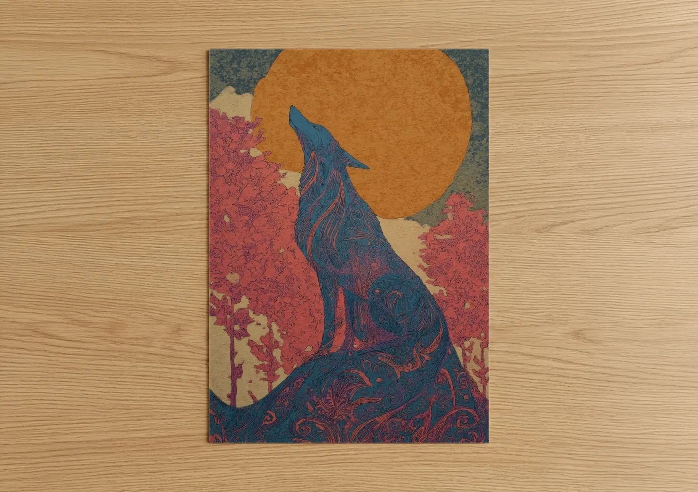 Art print on warm oak wood — gold and dark blue palette — Moonlit Wolf Howl poster