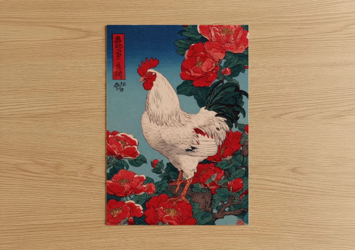 Red Peony Rooster Japanese Woodblock Wall Art