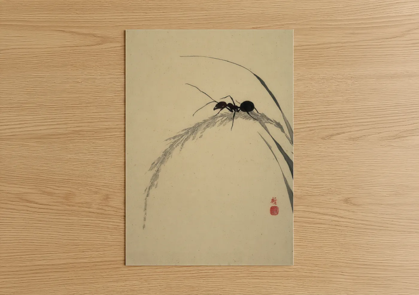 Ant on Grass Blade Japanese Nature Wall Art