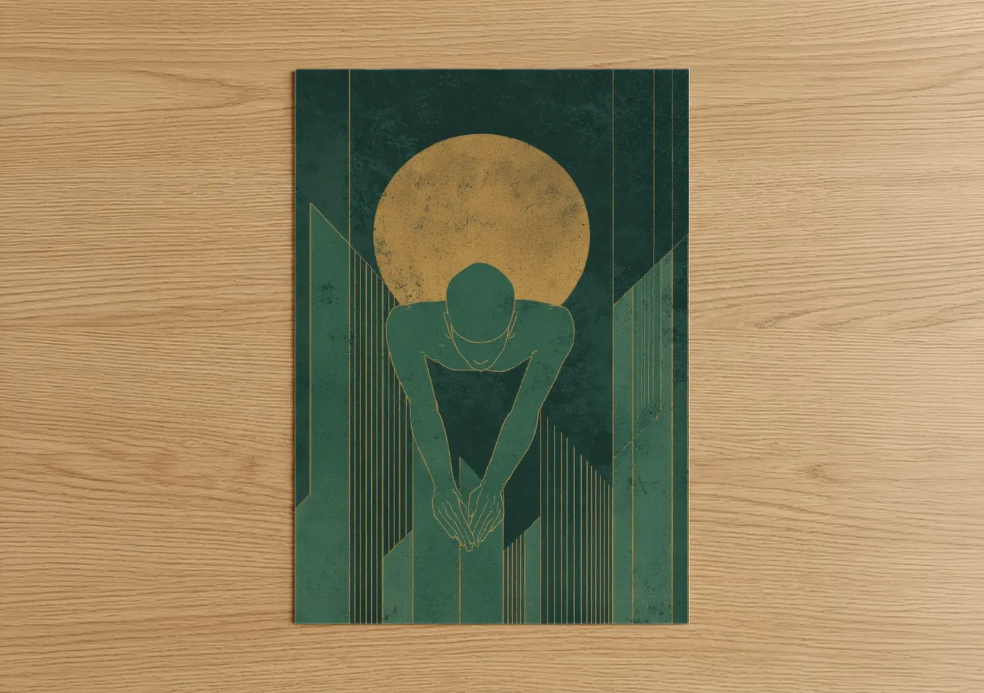 Swimming art print on warm oak wood — sage green and gold palette — Golden Swimmer poster