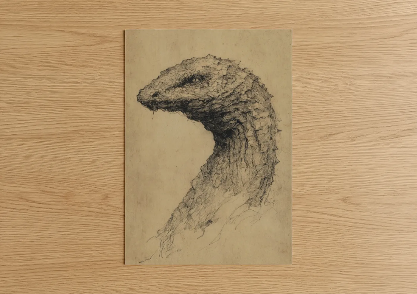 Loch ness monster art print on warm oak wood — black and white and beige palette — Loch Ness Profile poster