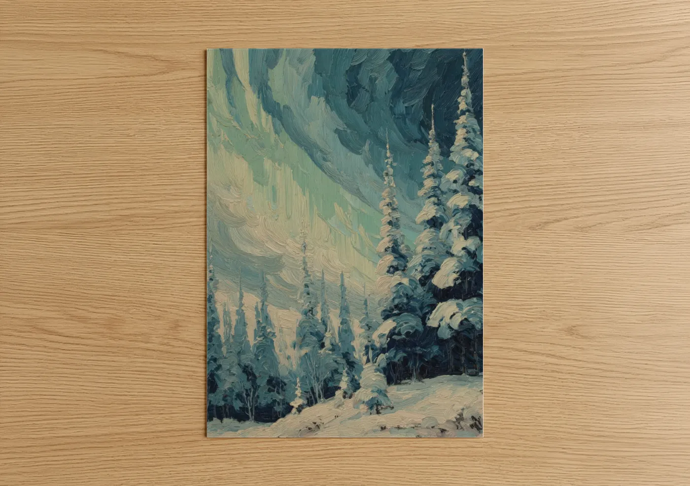 Northern lights art print on warm oak wood — teal and cream palette — Aurora Forest poster