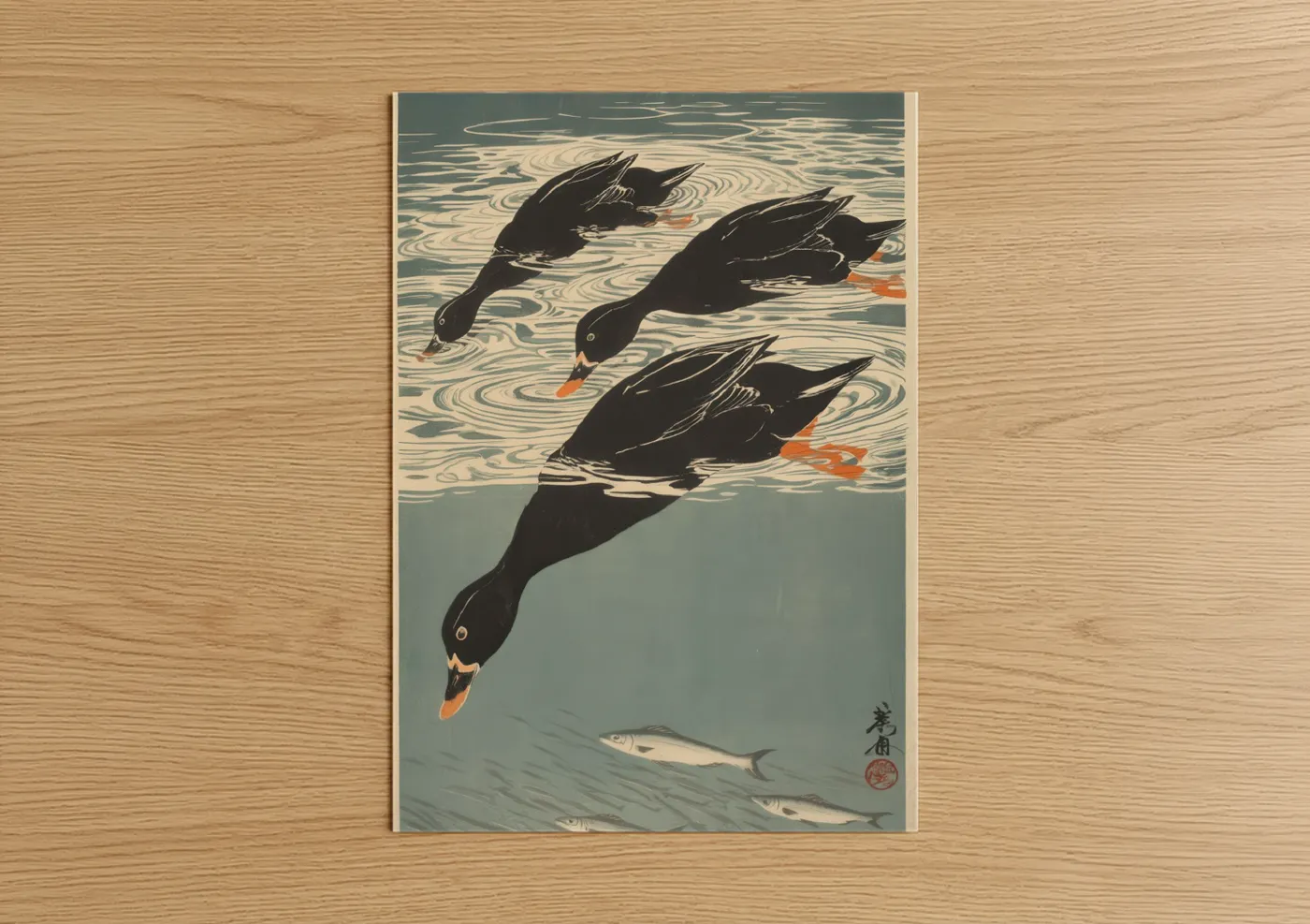 Art print on warm oak wood — black and white and dove gray palette — Swimming Ducks Pair poster