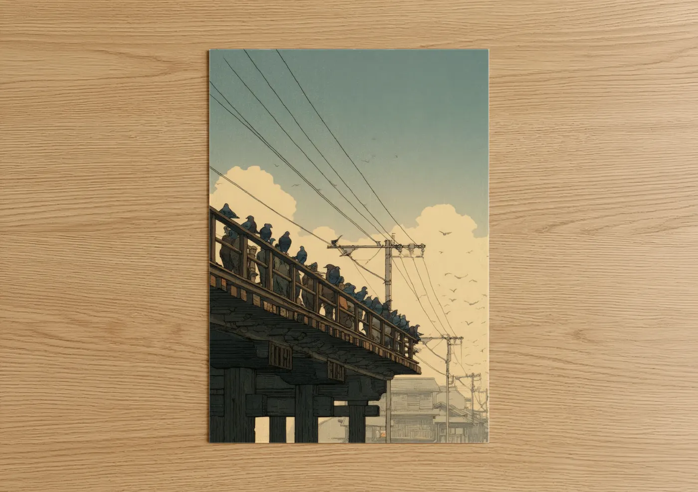 Birds on Bridge with Power Lines Wall Art