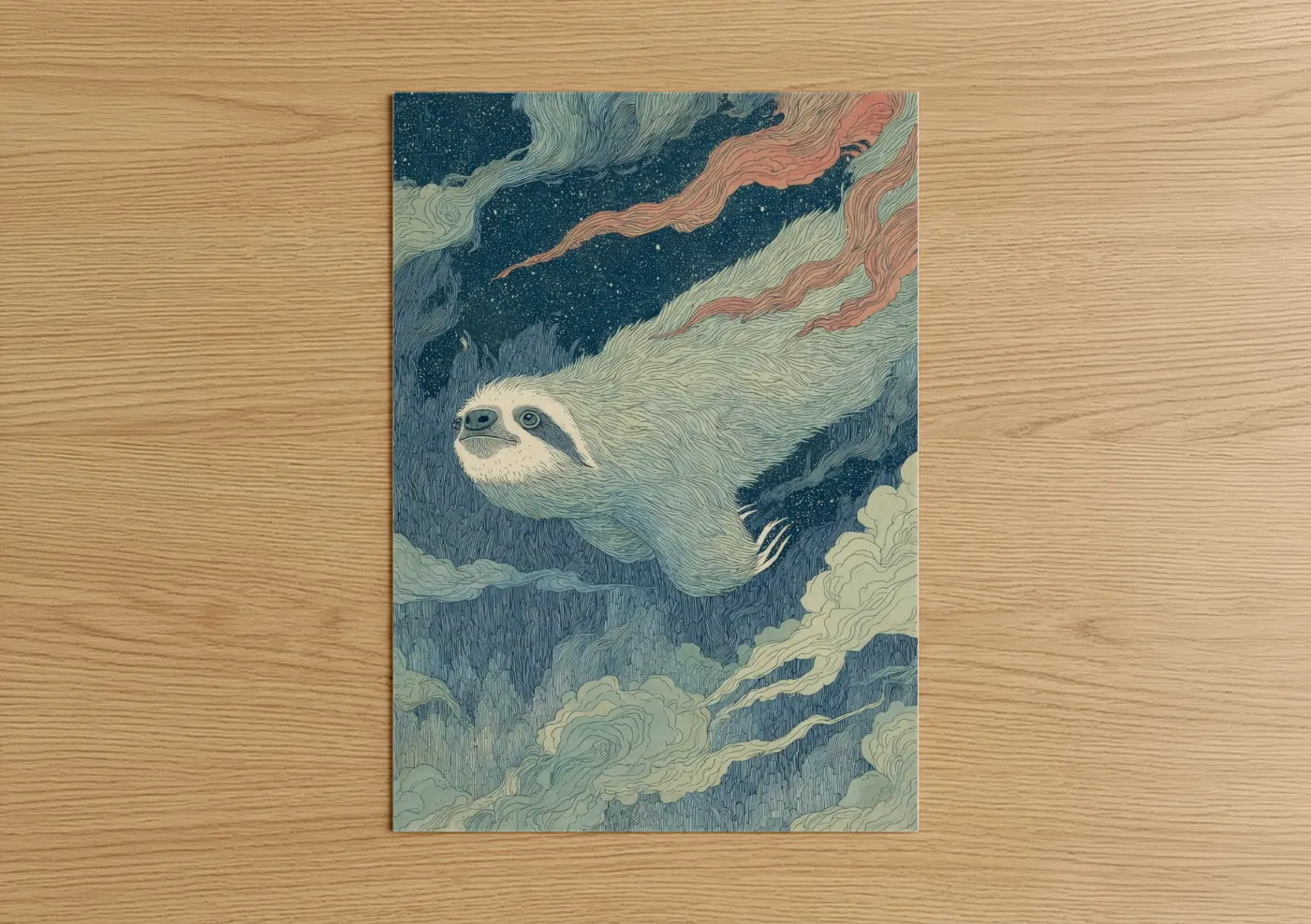 Art print on warm oak wood — blue and cream palette — Dreaming Sloth poster