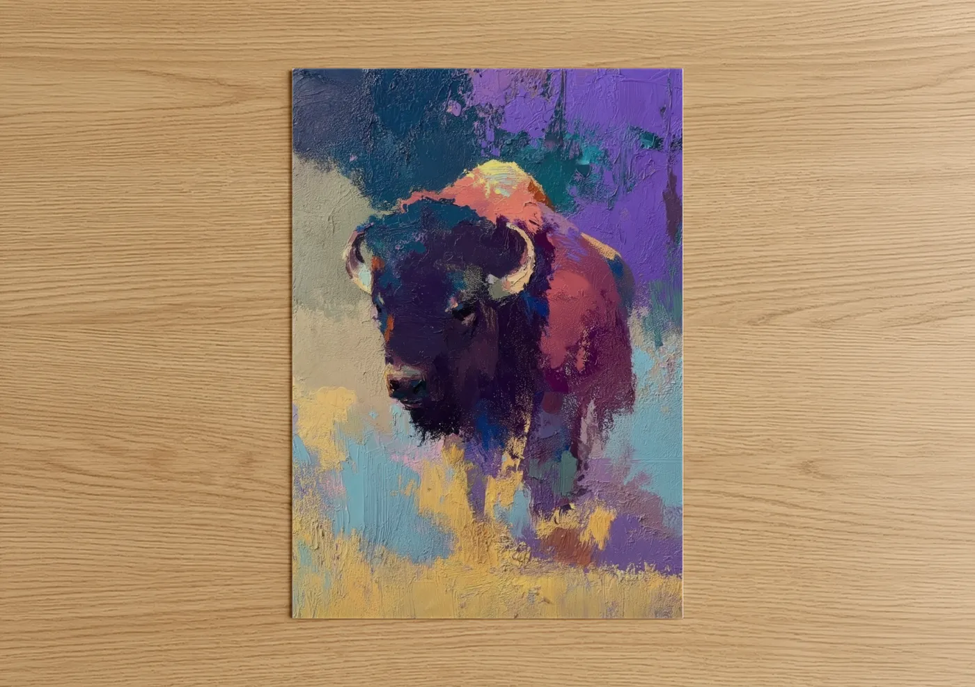 Art print on warm oak wood — purple and gold palette — Colorful Bison poster