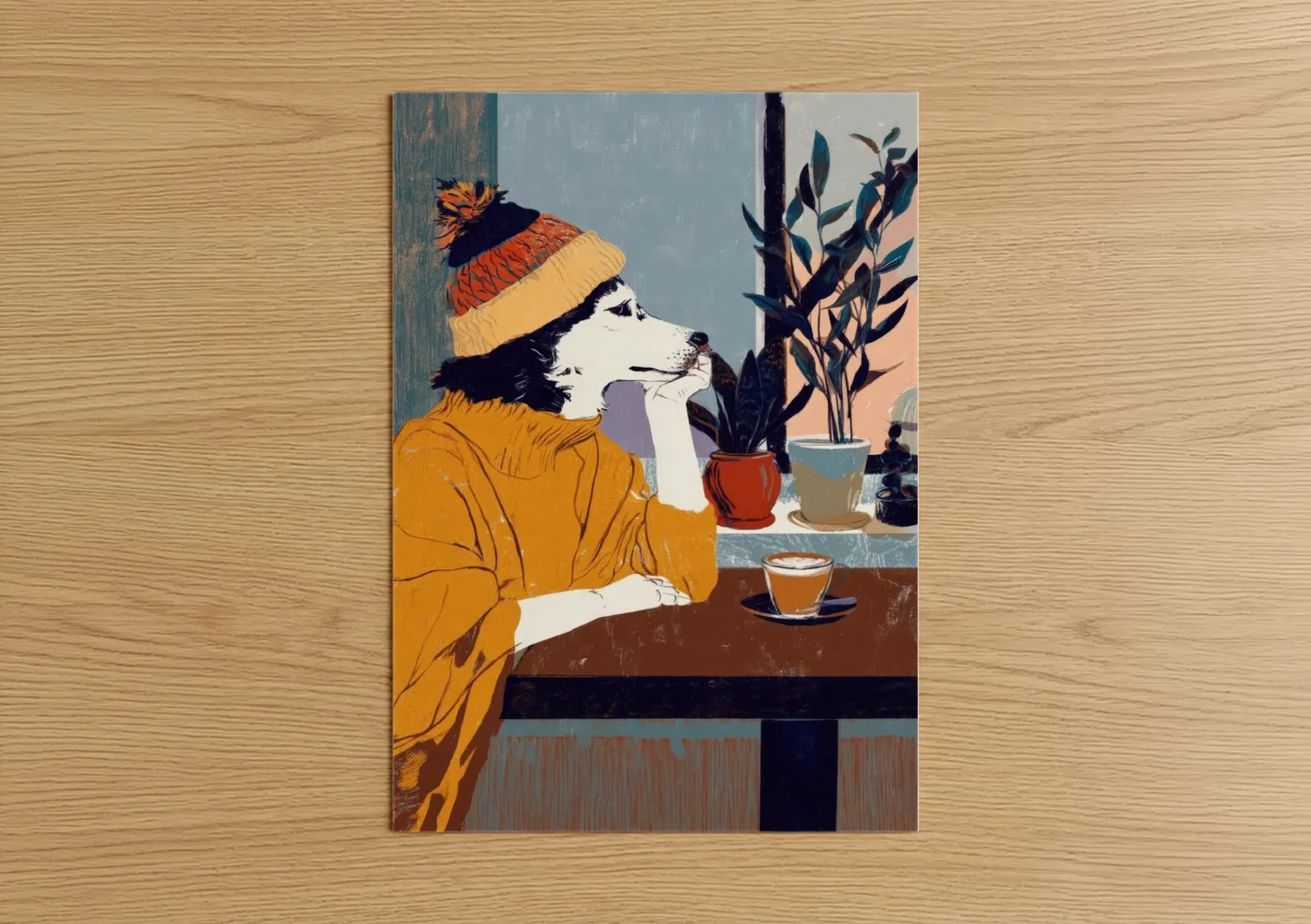 Art print on warm oak wood — mustard and blue palette — Cozy Husky poster