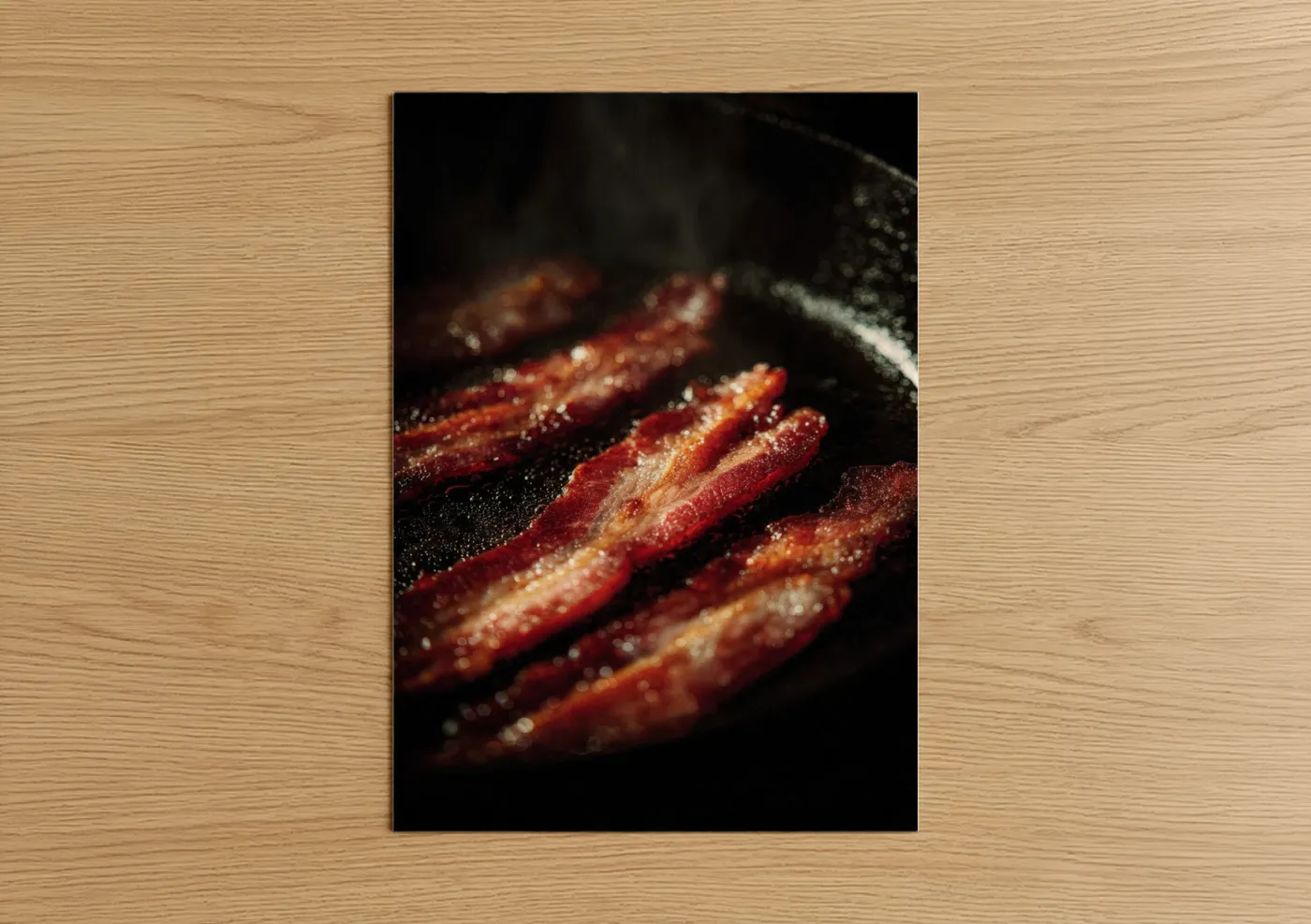 Meat art print on warm oak wood — red and gold palette — Crispy Bacon Strips poster