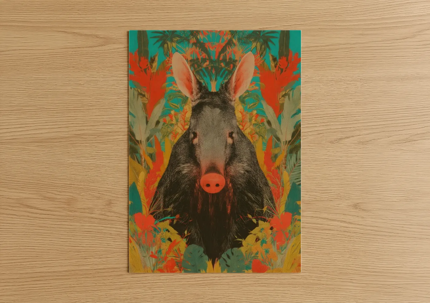 Art print on warm oak wood — orange and teal palette — Tropical Aardvark poster