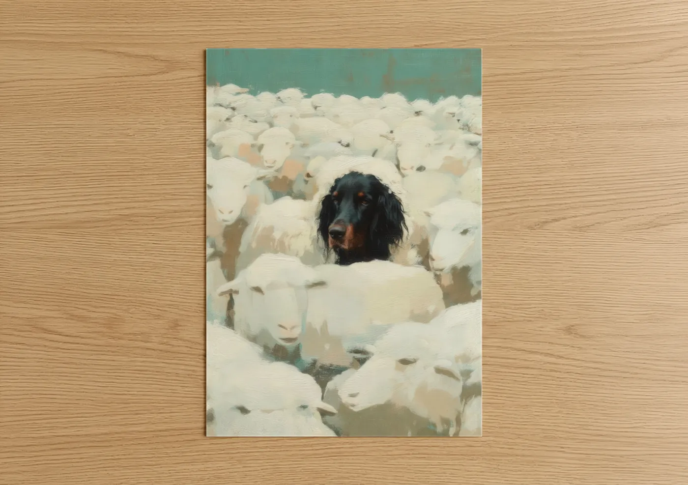 Setter art print on warm oak wood — white and teal palette — Shepherd Among Sheep poster