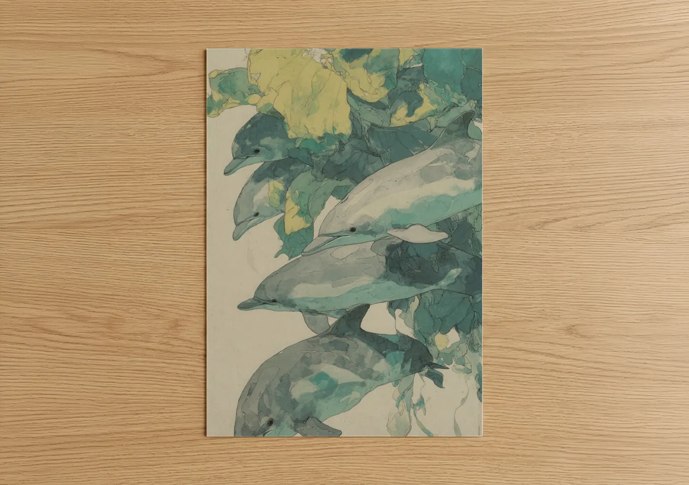 Leafy Dolphins Watercolor Illustration Wall Art