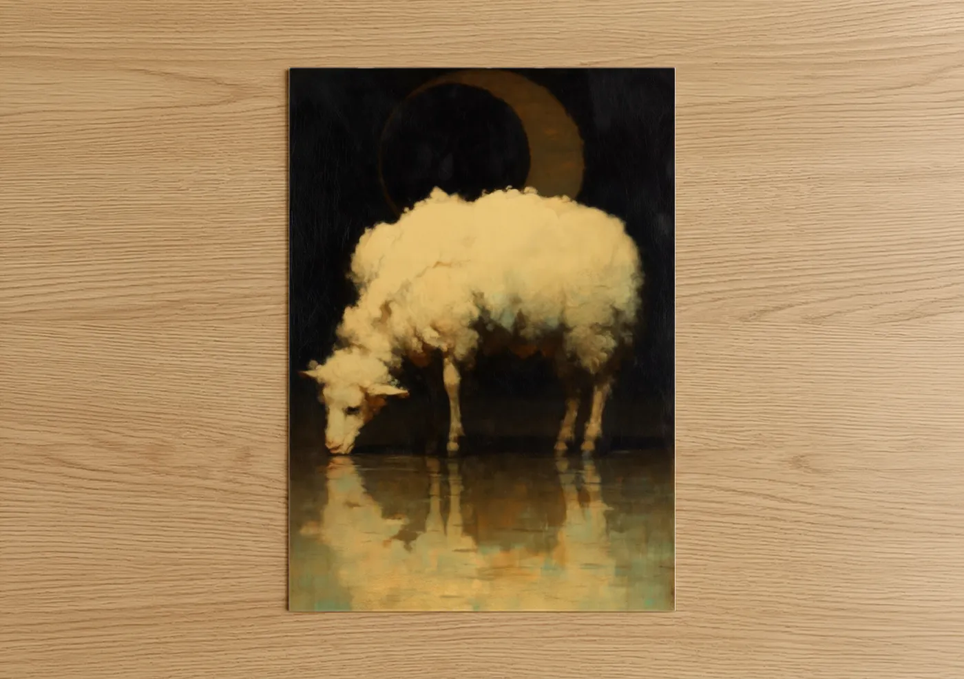 Art print on warm oak wood — cream and gold palette — Grazing Sheep poster