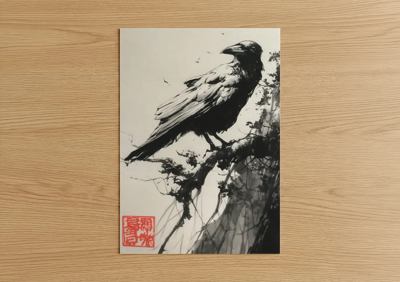Crows and ravens art print on warm oak wood — black and white palette — Perched Raven poster
