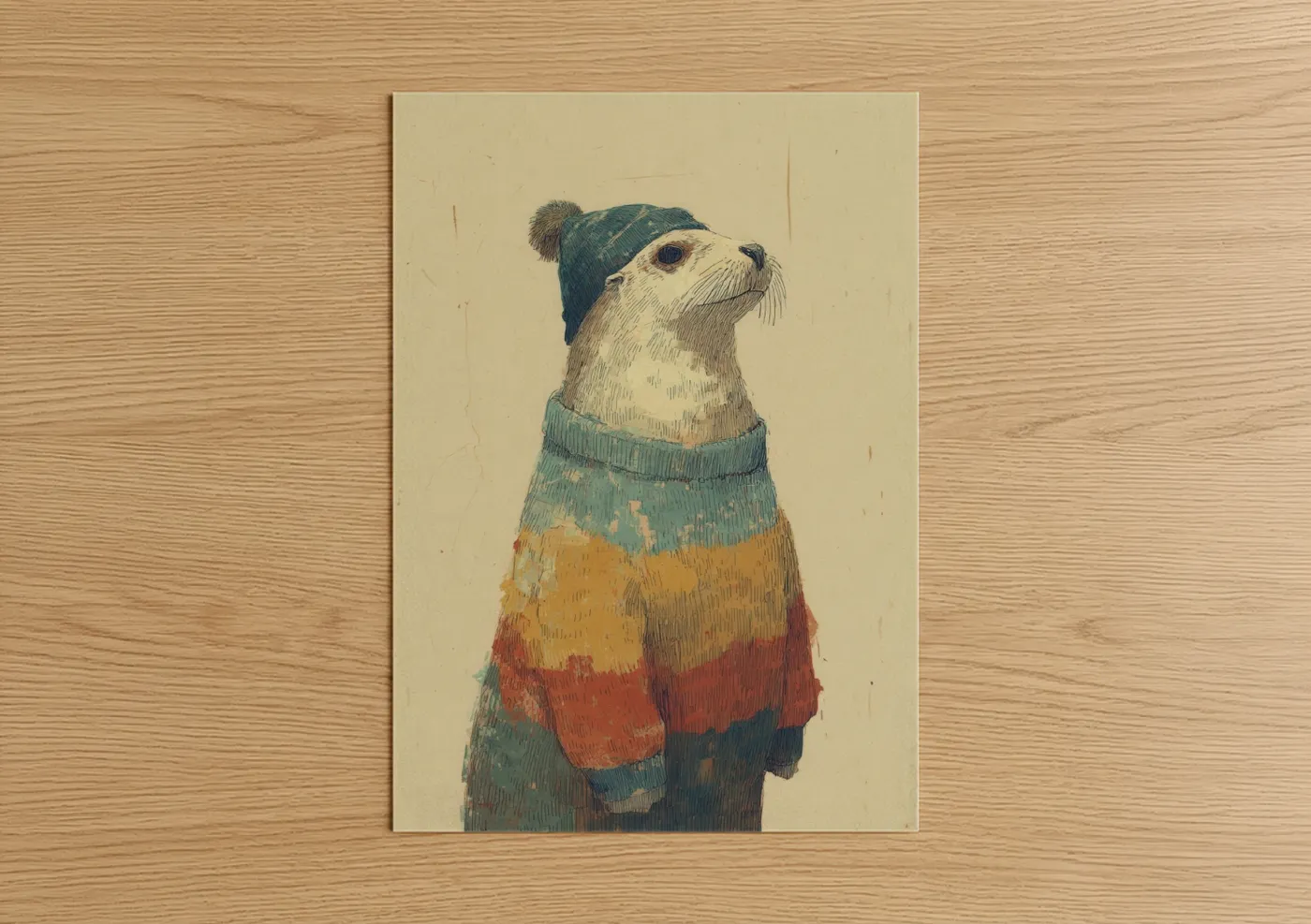 Art print on warm oak wood — cream and teal palette — Cozy Sea Lion poster